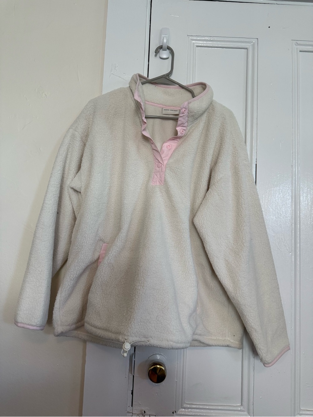 Ivory Plush Pullover with Pink Trim